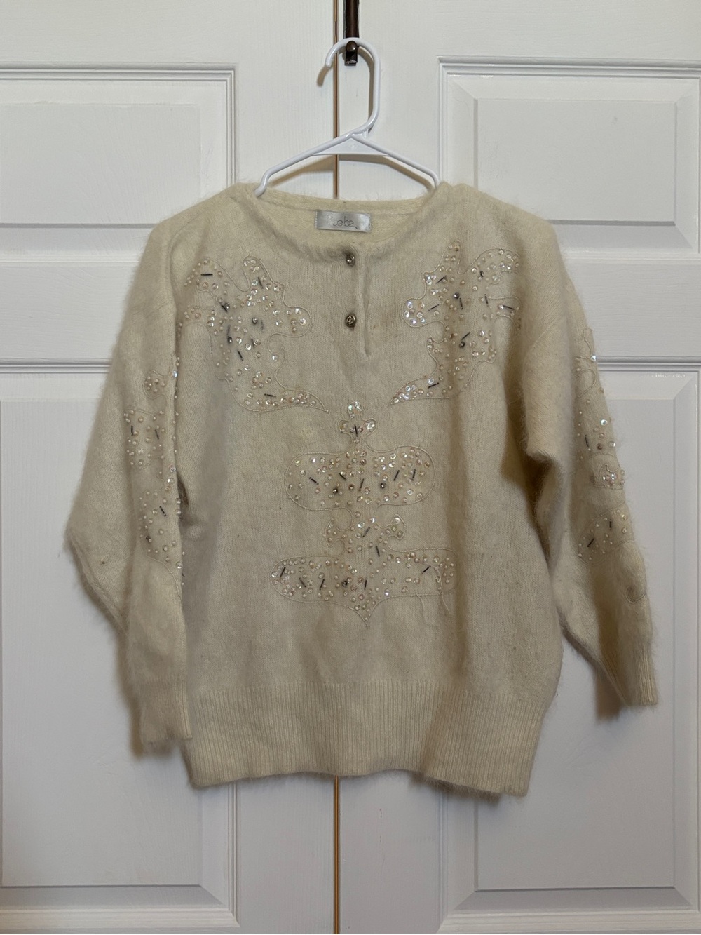 Phoebe Angora Wool Beaded Sweater Ivory Women’s M Henley